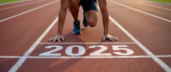 An athlete in ready position on a racetrack, hands on the starting line marked with the year 2025, symbolizing new beginnings and future goals.

