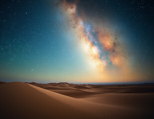 Obraz premium breathtaking view of the night sky filled with stars over tranquil sand dunes in the desert landscape at twilight