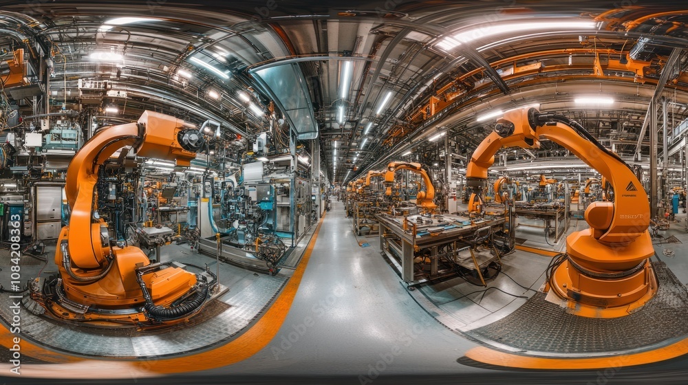 Poster industrial robotic arms in a factory setting