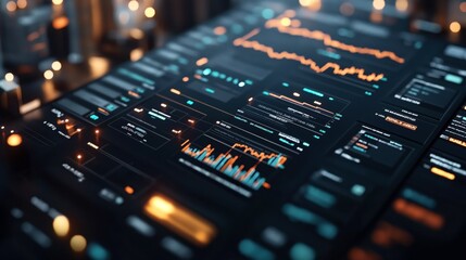 Obraz premium Close-up of a digital dashboard with data visualizations including graphs and charts on a dark interface with glowing elements, representing data analysis in technology context.