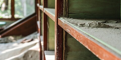 Obraz premium Dusty Abandoned Window Frame, Evoking Rustic and Vintage Atmosphere