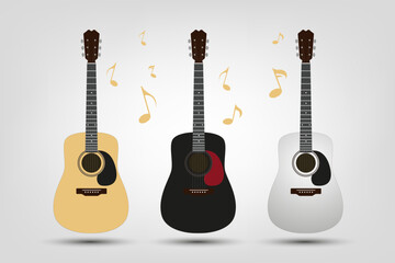 Obraz premium Set of three vector acroustic guitars with musical icons on white background, three collection of acroustic guitars music elements is used for singers.