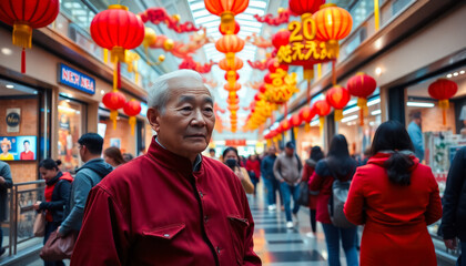 Fototapeta premium Elderly mature man in stylish clothes with festive mood among decorated modern shopping mall in honor of Chinese New Year. Preparing and buying gifts for the holiday.
