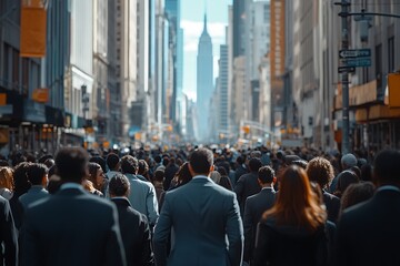 Obraz premium Man in Suit Walking Through City Crowd with Skyscrapers in the Background2