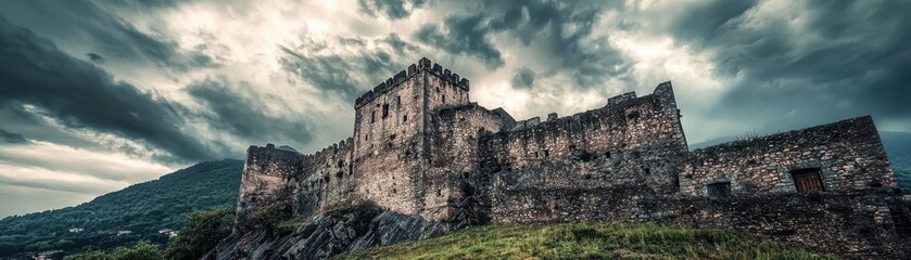 A dramatic view of an ancient stone castle under a moody sky, surrounded by lush greenery and mountains, conveying a sense of history and mystery.
