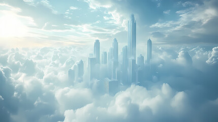 Fototapeta premium A skyscraper city in the clouds, inhabited by beings of light. Elysium. Illustration
