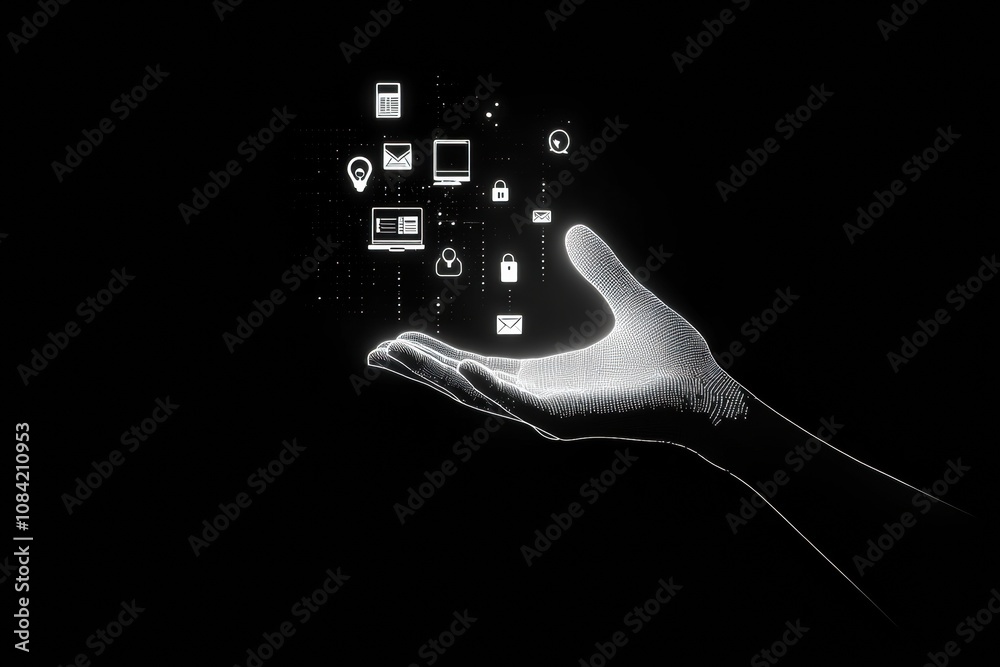 Aufkleber A hand extends towards a floating computer adorned with various icons representing settings and security, illustrating digital interaction. Generative AI