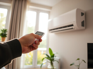 Controlling the air conditioning unit with a remote in a cozy living room with plants and natural light