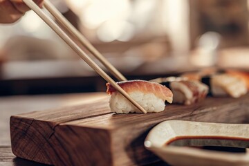 Sushi Held with Chopsticks, Authentic Japanese Food Concept