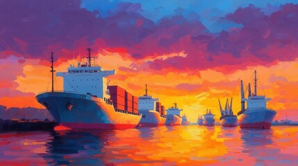Naklejka premium Colorful Sunset Over the Harbor with Cargo Ships and Industrial Cranes, Vibrant Sky, Reflection in Water, Serene Marine Landscape Setting for Maritime Themes