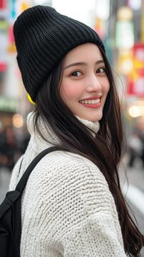 Portrait of a smiling asian woman wearing a black hat and white sweater in an urban street. AI generative.