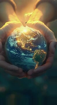 Planet Earth in human hands illuminated by sunlight, sustainability and global care concept. Generative AI.