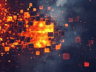 Obraz premium A vibrant abstract digital composition featuring glowing orange squares set against a dark, smoky background, evoking a sense of energy and motion.