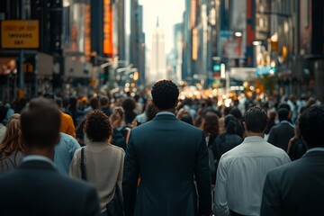 Obraz premium Man in Suit Walking Through Urban Crowd in Sunlight