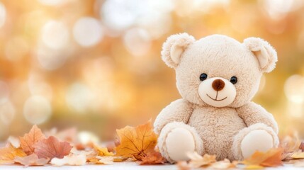 Fototapeta premium A cute teddy bear sits among autumn leaves, exuding warmth and charm, perfect for seasonal marketing, children's products, or themes of comfort and nostalgia,