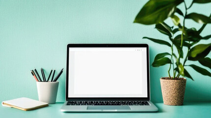 Fototapeta premium A modern workspace featuring a laptop, stationery, and potted plants against a soothing mint-green wall.