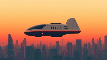 Naklejka premium Futuristic Flying Vehicle Over Urban Skyline at Sunset, Capturing the Essence of Advanced Transportation and Innovative City Life in a Dreamlike Setting