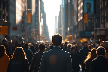 Obraz premium Man in Suit Walking Towards City Skyline