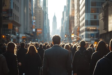 Obraz premium Man in Suit Walking Towards Skyscrapers in Busy City Street
