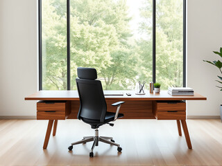 Fototapeta premium modern workspace featuring a stylish desk and ergonomic chair with large windows overlooking a green landscape
