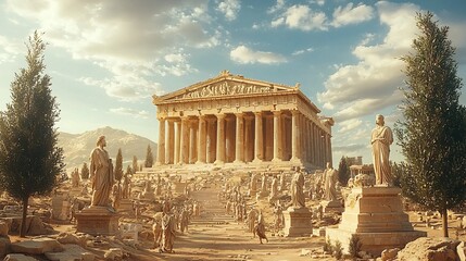 Fototapeta premium Ancient Temple with Statues in a Scenic Landscape