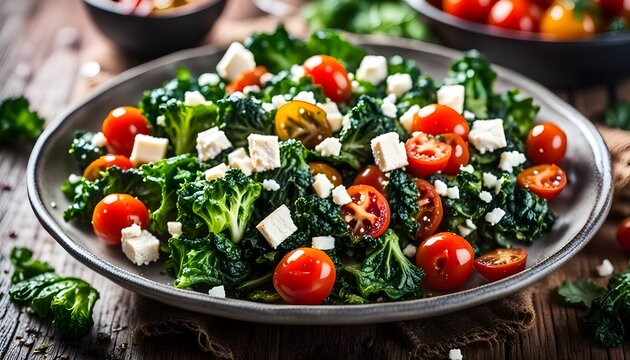 Homemade Roasted Green Kalettes salad with cherry tomatoes and feta cheese. healthy food
