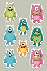 Obraz premium Adorable Collection of Playful One-Eyed Monsters: A Delightful Set of Cartoonish Creatures with Vibrant Colors and Happy Expressions, Perfect for Stickers, Children's Illustrations, or Fun Designs.