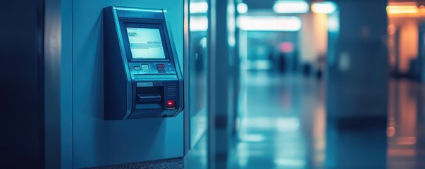 Fototapeta premium A close-up of a modern, sleek ATM machine in a dimly lit hallway, showcasing a high-tech design against a blurred, contemporary architectural background.