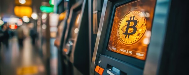 A close-up of a Bitcoin ATM, showcasing its screen with the Bitcoin symbol, set in a well-lit environment.