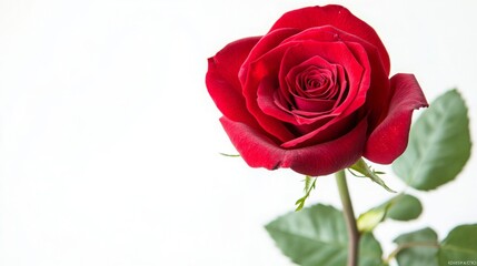 Fototapeta premium A vibrant, fully bloomed red rose with a short stem and green leaves, displayed against a white background. 