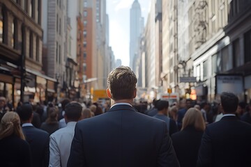 Obraz premium Man in Suit Walks Through Busy City Street with Skyscrapers in Background