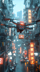 Naklejka premium Futuristic Drone Delivery in a Cyberpunk City, Carrying a Package Through Neon-Lit Streets
