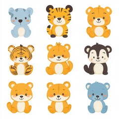 Obraz premium A collection of cute cartoon animals including tigers and a bear, perfect for children's themes and illustrations. isolated on white background