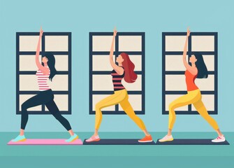Fototapeta premium yoga, fitness, exercise, healthy lifestyle Three women in yoga poses on mats indoors, with large windows and turquoise walls, wearing sporty outfits in vibrant colors, illustrating wellness
