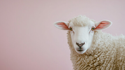 Fototapeta premium Close-Up Portrait of Sheep Against Soft Pink Background