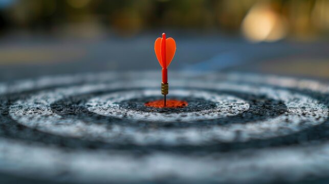 A red dart hits the center of a white bullseye drawn on a black surface.