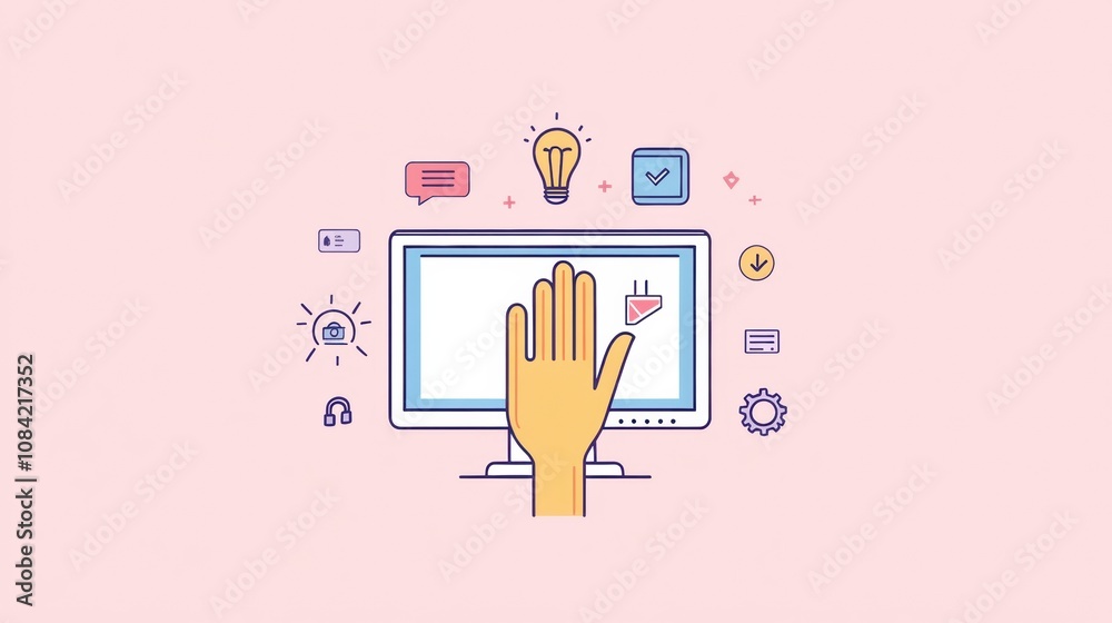 Aufkleber A hand is reaching towards a computer screen displaying various settings and security icons in a tech-focused environment. Generative AI