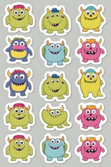 Fototapeta premium A Collection of Adorable Cartoon Monsters: Cheerful and Colorful Characters for Kids' Stickers, Prints, or Digital Designs