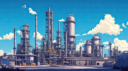 Obraz premium Industrial Complex with Tall Towers and Smoke Against a Blue Sky