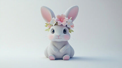 Fototapeta premium Cute rabbit figurine with flower crown sitting against a neutral backdrop in soft lighting
