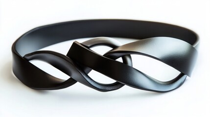 Artistic representation of a twisted black leather belt with a matte metal buckle, isolated on a white background.