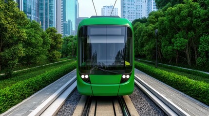 Naklejka premium Modern Green Tram on Urban Track Surrounded by Lush Greenery with Skyscrapers in the Background Creating a Vibrant Cityscape Scene