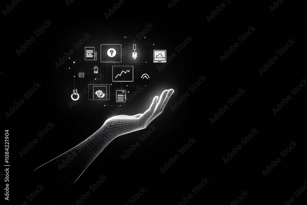 Aufkleber A hand icon approaches a digital screen filled with security, settings, and data visualization symbols in a tech-focused setting. Generative AI