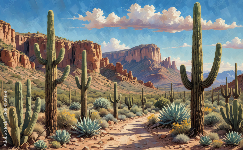 Poster painting of a desert with cacti and a path. the cacti are tall and green