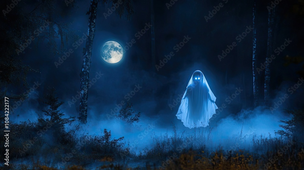 Wall mural A Ghostly Figure Standing in a Foggy Forest Under a Full Moon