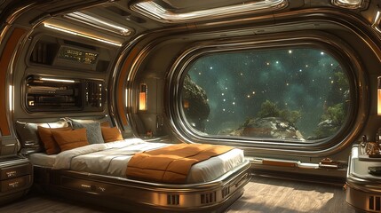 Futuristic Bedroom with Breathtaking Galactic View Through Observation Window