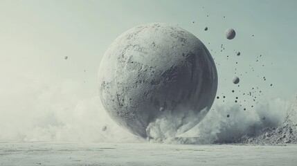 One large matte sphere with tiny spheres orbiting around, set against a light background.