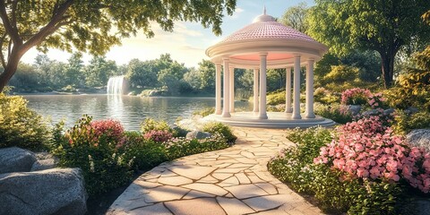 Obraz premium pink and cream elegant romantic round pavilion with elegant paving stones and different flowers on the banks of a lake with clear water 