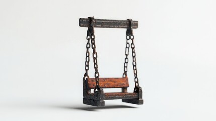 Artistic view of a small swing machine, crafted from brown and black painted plastic, isolated on a white background.