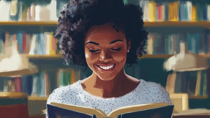 Artistic view of a woman student with a beaming smile, deeply engaged in reading a book at a library. 